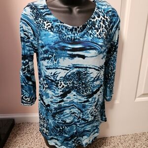 Artistic Blue 3/4 Sleeve Leopard Print Cold Shoulder Top